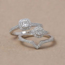 Two sterling silver engagement rings, each studded with glistening diamonds. One ring is subtly engraved with the letter J, the other with the letter R. Both maintain identical shapes.