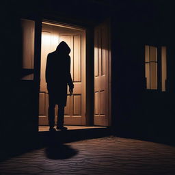 A scary unknown intruder is trying to break into a house at night