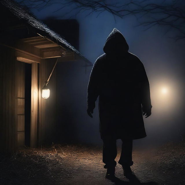 A dangerous hooded intruder is trying to break into a rural house at night