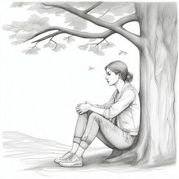 A pencil sketch of a girl sitting under a tree