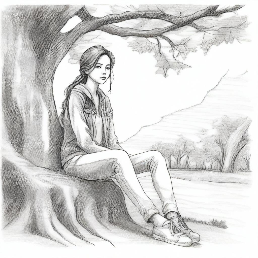 A pencil sketch of a girl sitting under a tree