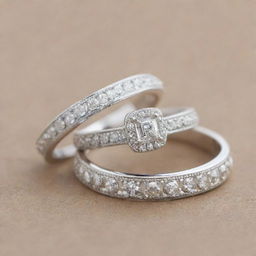 Two sterling silver engagement rings, each studded with glistening diamonds. One ring is subtly engraved with the letter J, the other with the letter R. Both maintain identical shapes.