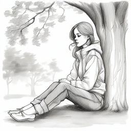 A pencil sketch of a girl sitting under a tree