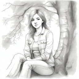 A pencil sketch of a girl sitting under a tree