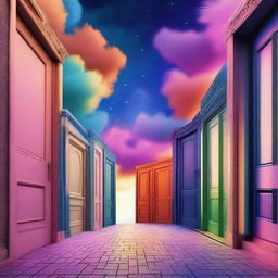 Create an image of countless doors floating in the sky, each leading to different dimensions