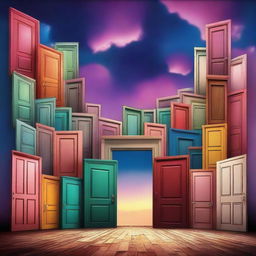 Create an image of countless doors floating in the sky, each leading to different dimensions