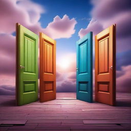 Create an image of countless doors floating in the sky, each leading to different dimensions