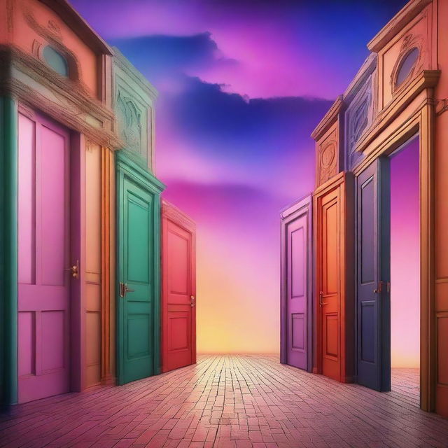 Create an image of countless doors floating in the sky, each leading to different dimensions