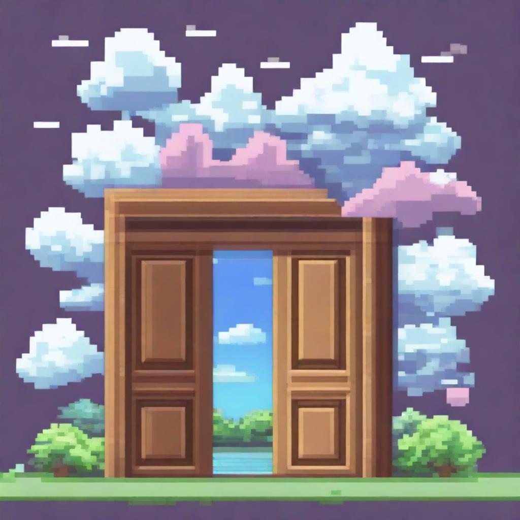 Create an image of pixelated doors floating among the clouds