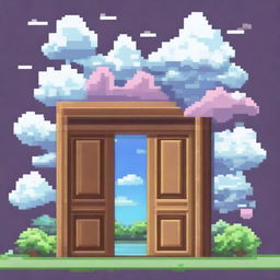 Create an image of pixelated doors floating among the clouds