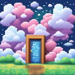 Create an image of pixelated doors floating among the clouds