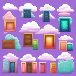 Create an image of pixelated doors floating among the clouds