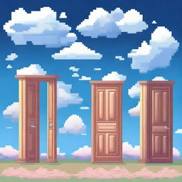 Create an image of pixelated doors floating among the clouds