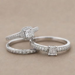 Two sterling silver engagement rings, each studded with glistening diamonds. One ring is subtly engraved with the letter J, the other with the letter R. Both maintain identical shapes.