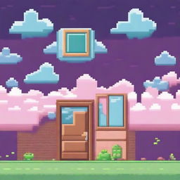 Create an image of pixelated doors floating among the clouds, all designed to look like a Gameboy game