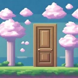 Create an image of pixelated doors floating among the clouds, all designed to look like a Gameboy game