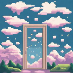 Create an image of pixelated doors floating among the clouds, all designed to look like a Gameboy game