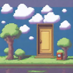 Create an image of pixelated doors floating among the clouds, all designed to look like a Gameboy game