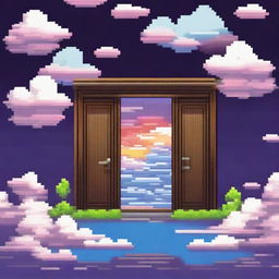 Create an image of pixelated doors floating among the clouds in the style of Undertale