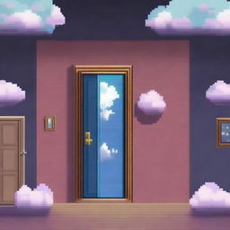 Create an image of pixelated doors floating among the clouds in the style of Undertale