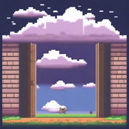 Create an image of pixelated doors floating among the clouds in the style of Undertale