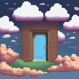 Create an image of pixelated doors floating among the clouds in the style of Undertale