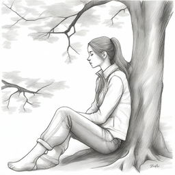 A pencil sketch of a girl sitting under a tree