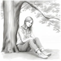 A pencil sketch of a girl sitting under a tree