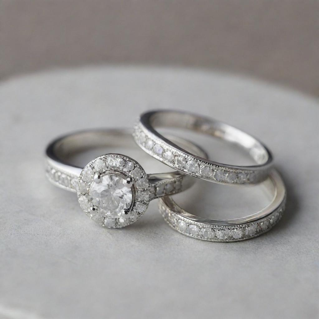 Two sterling silver engagement rings, each studded with glistening diamonds. One ring is subtly engraved with the letter J, the other with the letter R. Both maintain identical shapes.