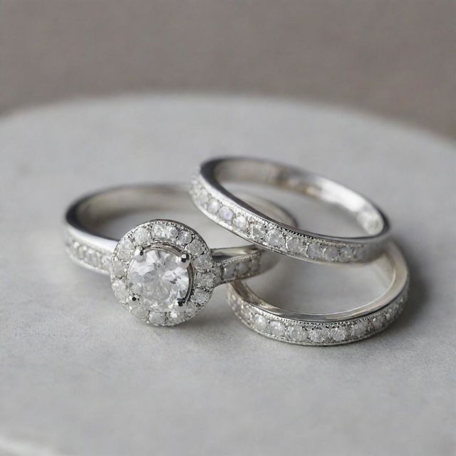 Two sterling silver engagement rings, each studded with glistening diamonds. One ring is subtly engraved with the letter J, the other with the letter R. Both maintain identical shapes.