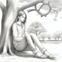 A pencil sketch of a girl sitting under a tree