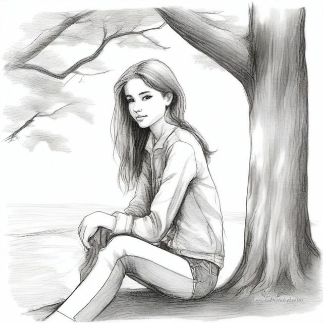 A pencil sketch of a girl sitting under a tree