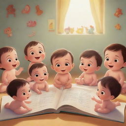 An animated image of cheerful babies gathered in a bright setting, engrossed in storytelling session of moral tales. The illustrations in their book become alive, enriching the radiant scene with shades of morality.