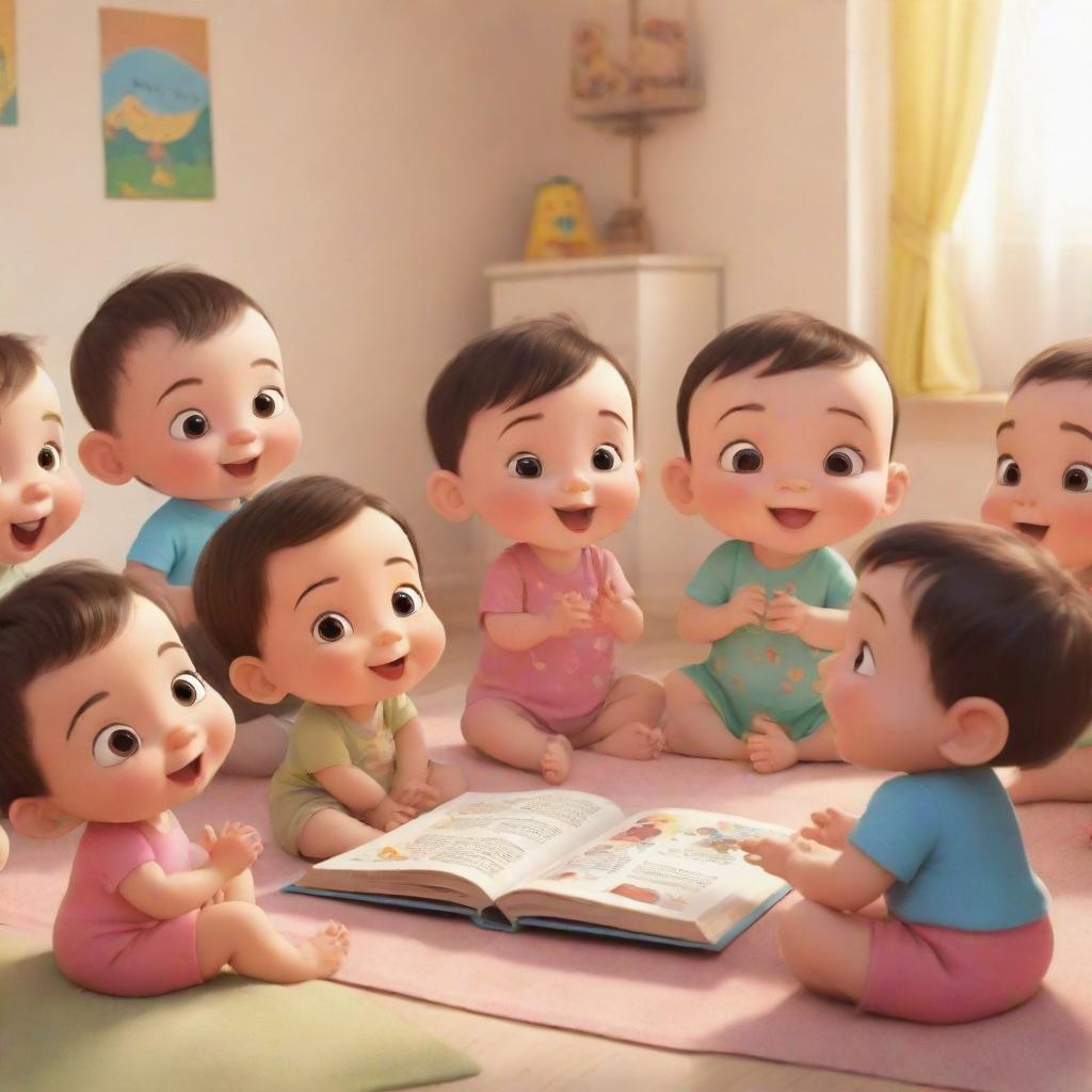 An animated image of cheerful babies gathered in a bright setting, engrossed in storytelling session of moral tales. The illustrations in their book become alive, enriching the radiant scene with shades of morality.