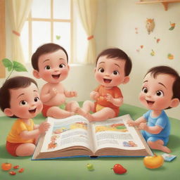 An animated image of cheerful babies gathered in a bright setting, engrossed in storytelling session of moral tales. The illustrations in their book become alive, enriching the radiant scene with shades of morality.