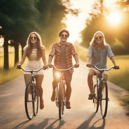 A group of four friends with bicycles on a road, with the summer sun setting in the background