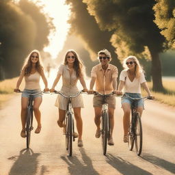 A group of four friends with bicycles on a road, with the summer sun setting in the background