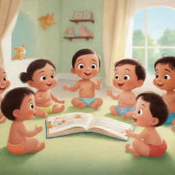 An animated image of cheerful babies gathered in a bright setting, engrossed in storytelling session of moral tales. The illustrations in their book become alive, enriching the radiant scene with shades of morality.