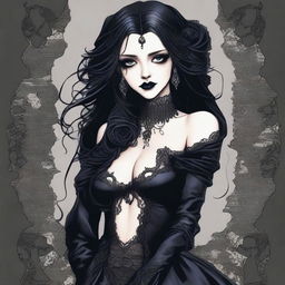 An artistic depiction of a gothic character in a seductive pose