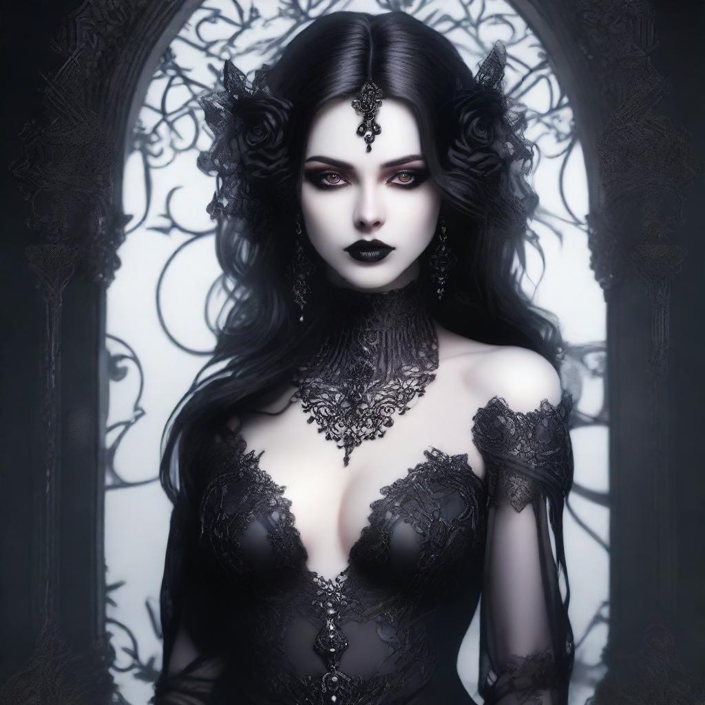 An artistic depiction of a gothic character in a seductive pose