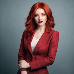 A beautiful woman with red hair, wearing a stylish outfit, posing confidently