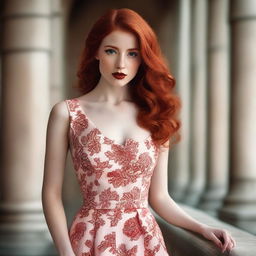 A beautiful woman with red hair, wearing a stylish outfit, posing confidently