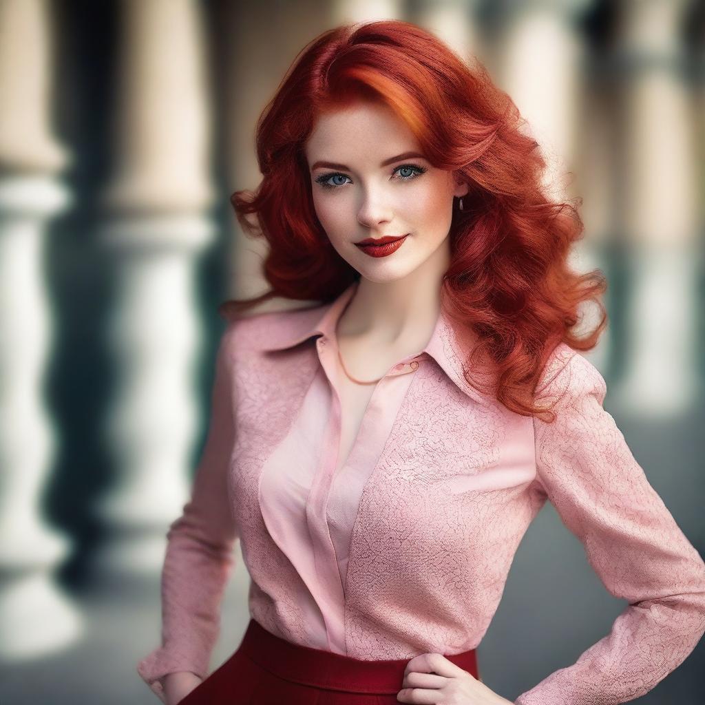 A beautiful woman with red hair, wearing a stylish outfit, posing confidently