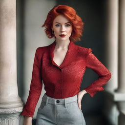 A beautiful woman with red hair, wearing a stylish outfit, posing confidently