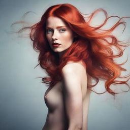 Create an image of a woman with red hair, featuring a unique and slightly eccentric appearance