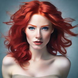 Create an image of a woman with red hair, featuring a unique and slightly eccentric appearance