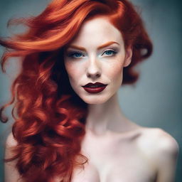 Create an image of a woman with red hair, featuring a unique and slightly eccentric appearance