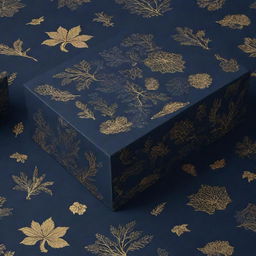 A packaging box pattern design featuring elements of nature in a romantic H.P Lovecraft dystopian theme. The layout is awash with a navy blue background featuring striking golden highlights. 4k resolution.