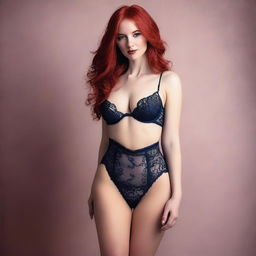 An elegant woman with red hair, showcasing her entire body in tasteful lingerie