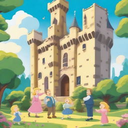 A colorful cartoon scene depicting two men living in a huge castle with their family